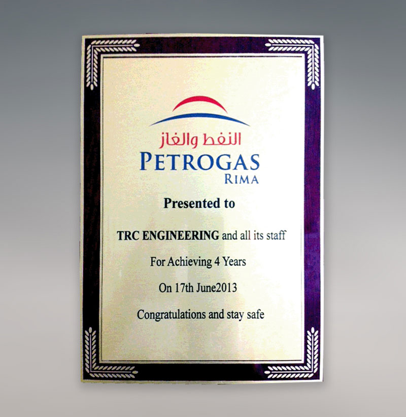 TRC & Al-Ghalbi LLC achieved "4-Years LTI Free Certificate" from Petrogas Rima.